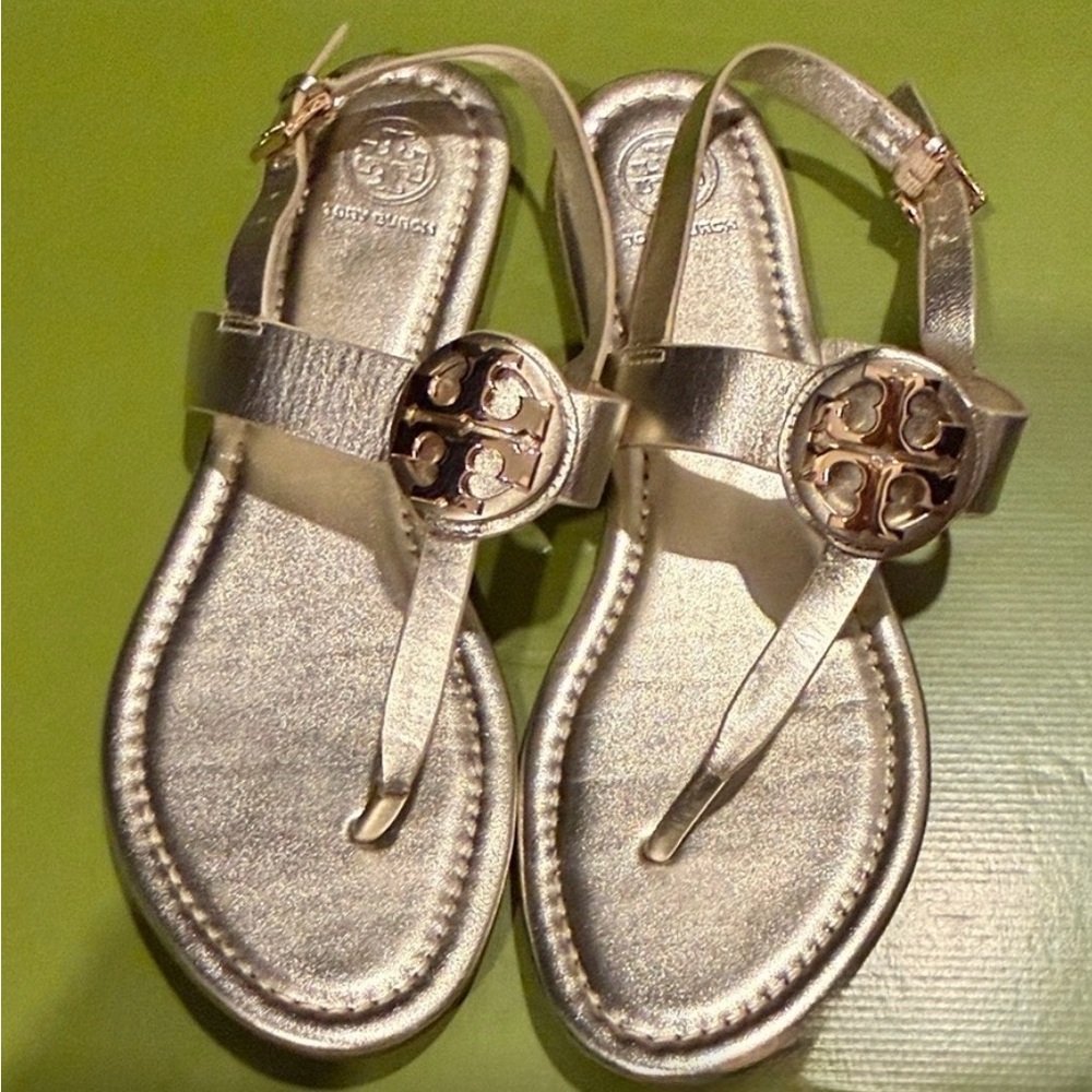 Tory Burch Metallic Gold Logo Thong Sandals